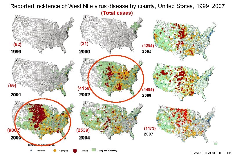 Reported incidence of West Nile virus disease by county, United States, 1999– 2007 (Total