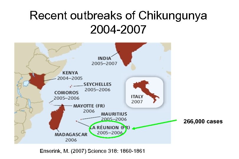 Recent outbreaks of Chikungunya 2004 -2007 266, 000 cases Enserink, M. (2007) Science 318: