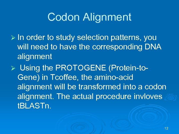 Codon Alignment Ø In order to study selection patterns, you will need to have