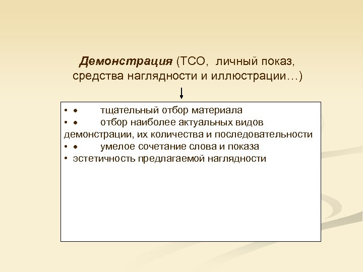 Демонстрация (ТСО, личный показ, средства наглядности и иллюстрации…) • · тщательный отбор материала •