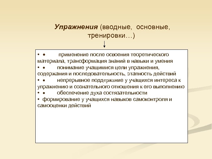 Упражнения (вводные, основные, тренировки…) • · применение после освоения теоретического материала, трансформация знаний в