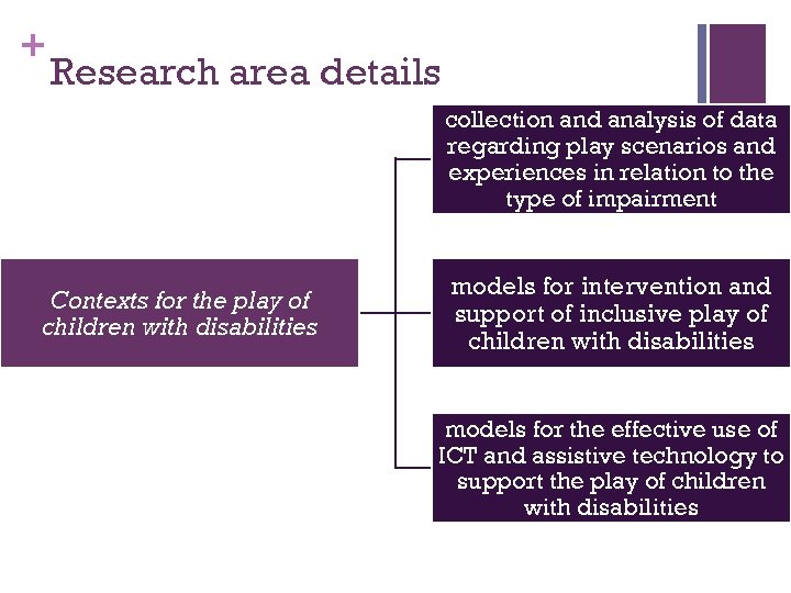 + Research area details collection and analysis of data regarding play scenarios and experiences