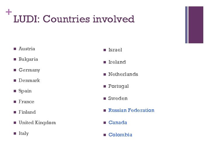 + LUDI: Countries involved n Austria n Bulgaria n Germany n Denmark n Israel