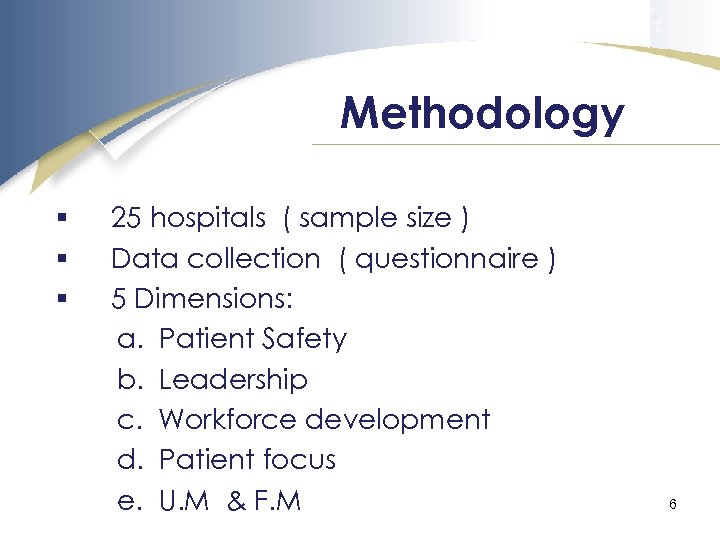 Methodology § § § 25 hospitals ( sample size ) Data collection ( questionnaire