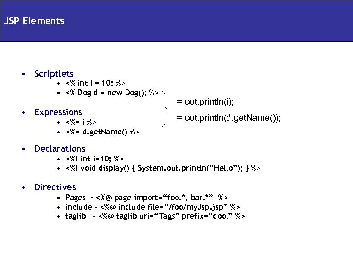 JSP Elements • Scriptlets • <% int I = 10; %> • <% Dog