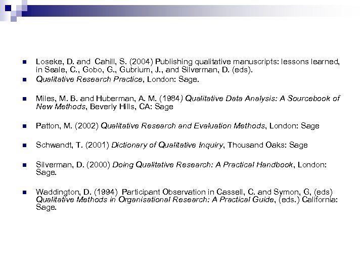 n n Loseke, D. and Cahill, S. (2004) Publishing qualitative manuscripts: lessons learned, in