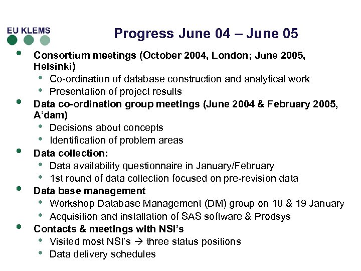 Progress June 04 – June 05 • • • Consortium meetings (October 2004, London;