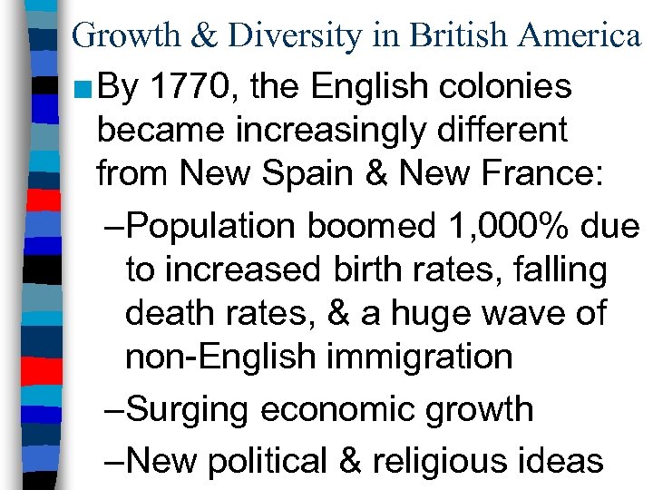 Growth & Diversity in British America ■ By 1770, the English colonies became increasingly