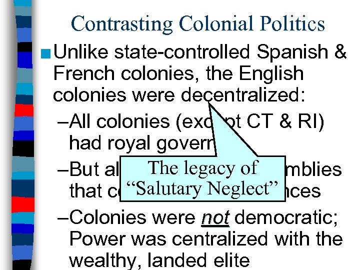 Contrasting Colonial Politics ■ Unlike state-controlled Spanish & French colonies, the English colonies were