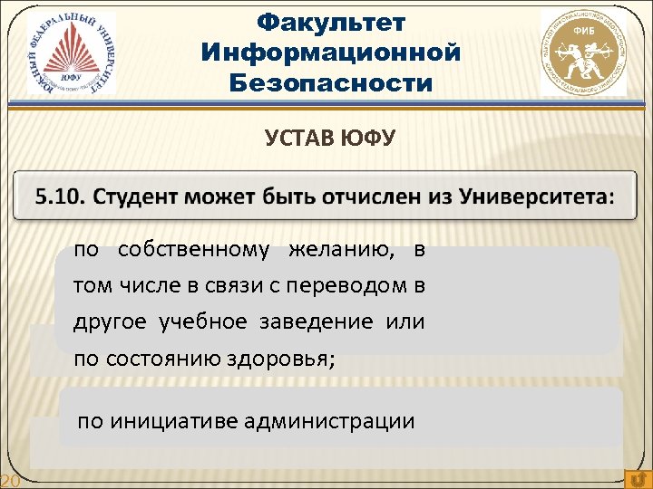 20 Факультет Информационной Безопасности УСТАВ ЮФУ по собственному желанию, в том числе в связи