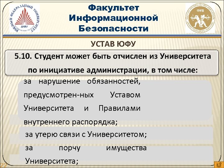 22 Факультет Информационной Безопасности УСТАВ ЮФУ за нарушение обязанностей, предусмотрен-ных Университета и Уставом Правилами