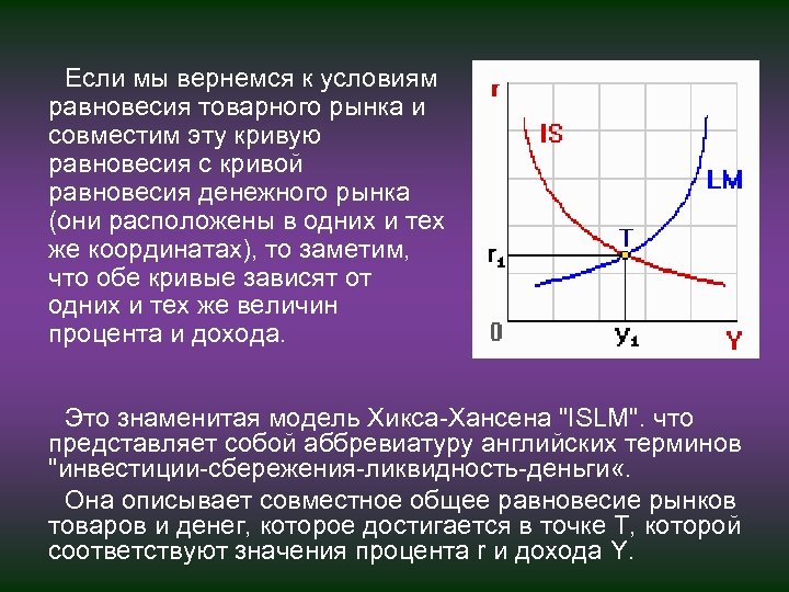 Если мы вернемся к условиям равновесия товарного рынка и совместим эту кривую равновесия с