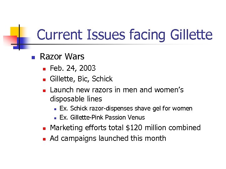 Current Issues facing Gillette n Razor Wars n n n Feb. 24, 2003 Gillette,