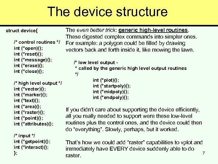 The device structure struct device{ /* control routines */ int (*open)(); int (*reset)(); int