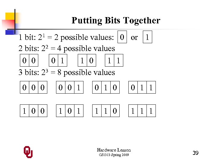 Putting Bits Together 1 bit: 21 = 2 possible values: 0 or 1 2