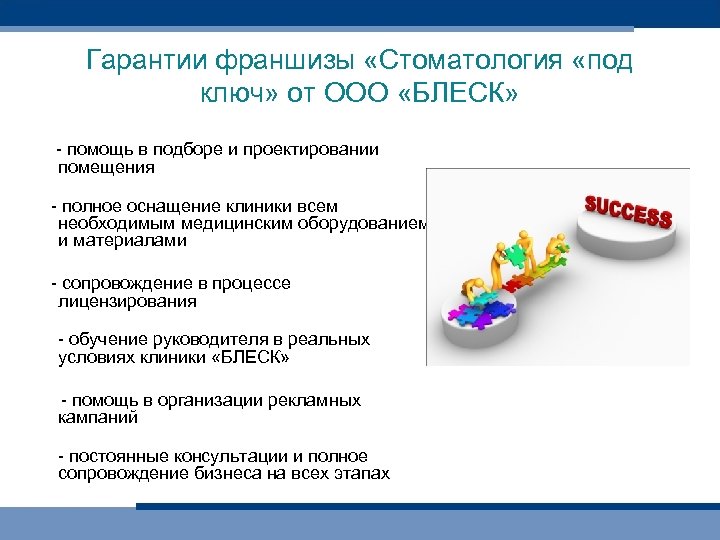 Гарантии франшизы «Стоматология «под ключ» от ООО «БЛЕСК» - помощь в подборе и проектировании