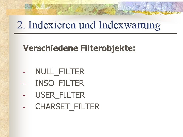 2. Indexieren und Indexwartung Verschiedene Filterobjekte: - NULL_FILTER INSO_FILTER USER_FILTER CHARSET_FILTER 