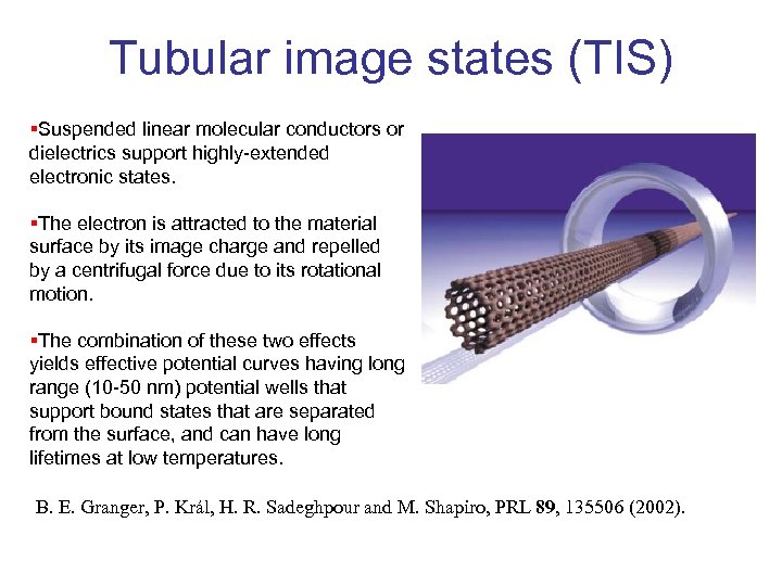 Tubular image states (TIS) §Suspended linear molecular conductors or dielectrics support highly-extended electronic states.