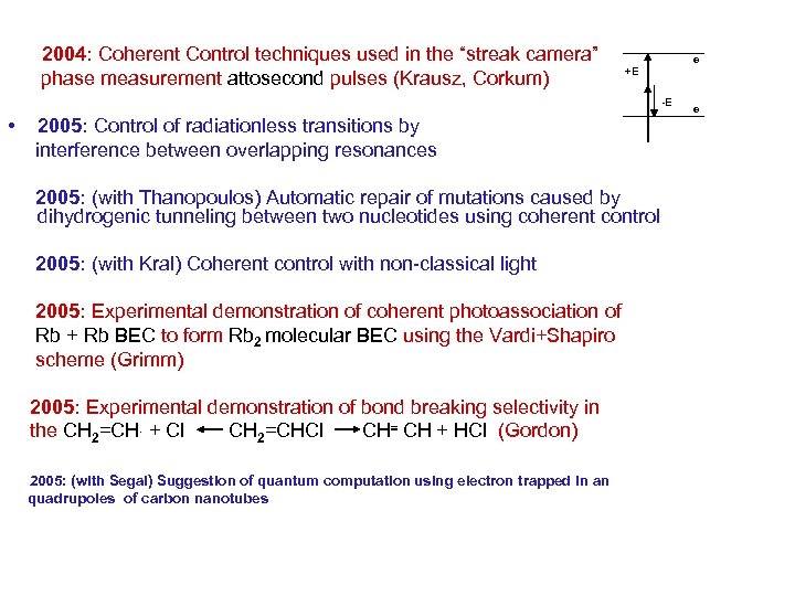 2004: Coherent Control techniques used in the “streak camera” phase measurement attosecond pulses (Krausz,