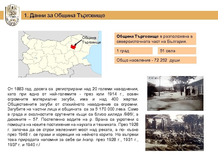 1. Данни за Община Търговище е разположена в североизточната част на България. 1 град