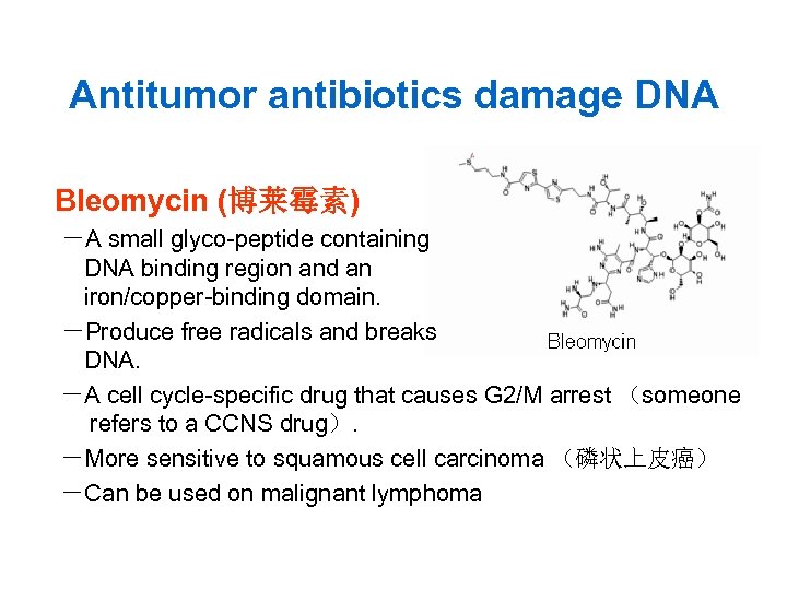 Antitumor antibiotics damage DNA Bleomycin (博莱霉素) －A small glyco-peptide containing DNA binding region and