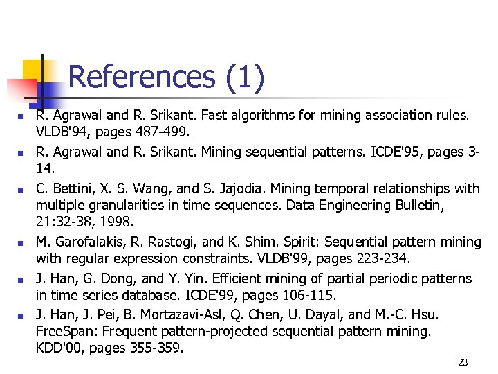 References (1) n n n R. Agrawal and R. Srikant. Fast algorithms for mining