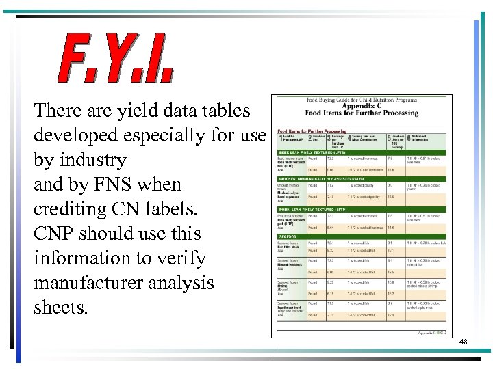 There are yield data tables developed especially for use by industry and by FNS