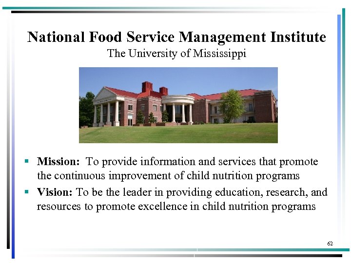 National Food Service Management Institute The University of Mississippi § Mission: To provide information