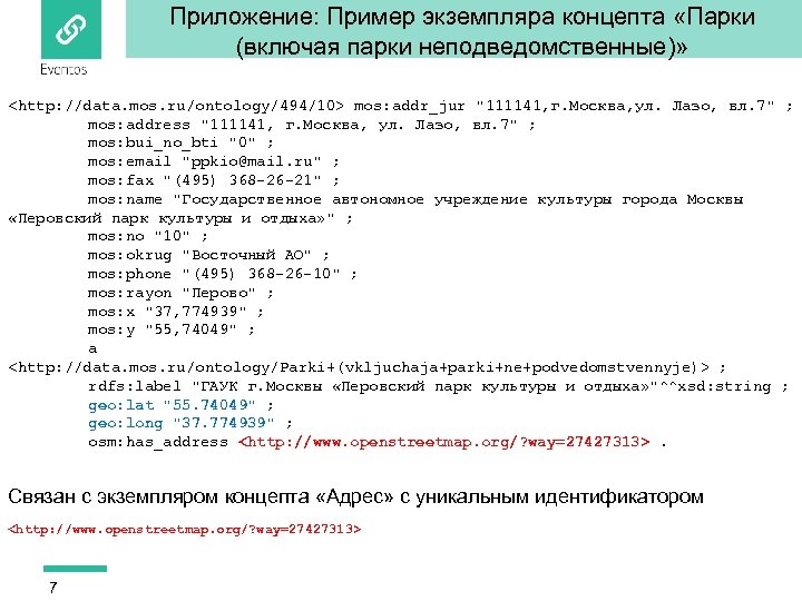 Приложение: Пример экземпляра концепта «Парки (включая парки неподведомственные)» <http: //data. mos. ru/ontology/494/10> mos: addr_jur