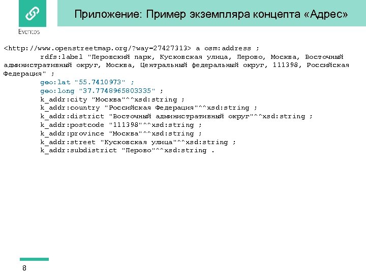 Приложение: Пример экземпляра концепта «Адрес» <http: //www. openstreetmap. org/? way=27427313> a osm: address ;