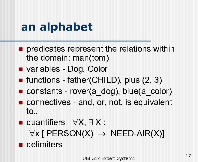 an alphabet n n n n predicates represent the relations within the domain: man(tom)