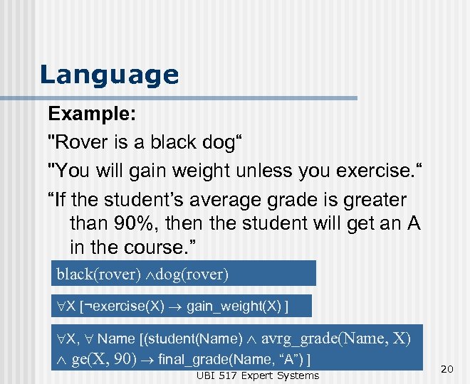 Language Example: "Rover is a black dog“ "You will gain weight unless you exercise.