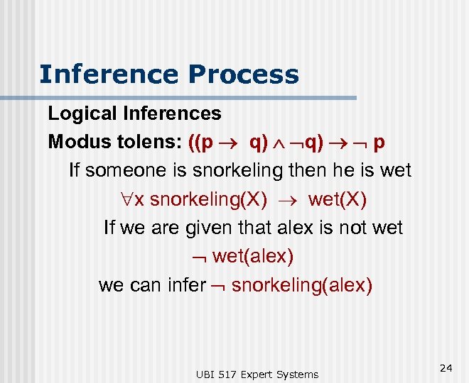 Inference Process Logical Inferences Modus tolens: ((p ® q) Ù q) ® p If