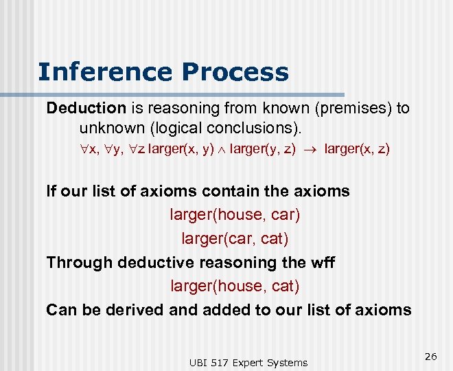 Inference Process Deduction is reasoning from known (premises) to unknown (logical conclusions). "x, "y,