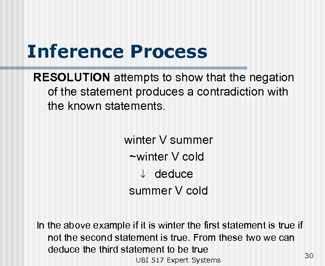 Inference Process RESOLUTION attempts to show that the negation of the statement produces a