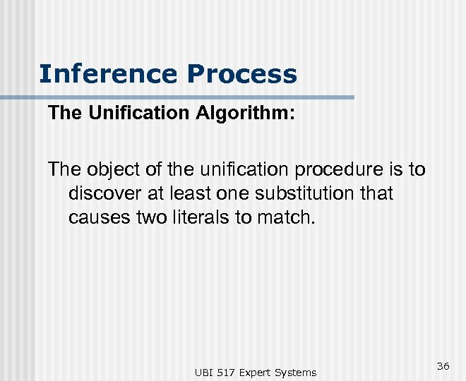 Inference Process The Unification Algorithm: The object of the unification procedure is to discover