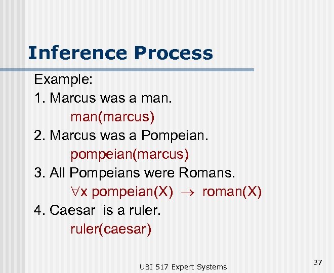 Inference Process Example: 1. Marcus was a man(marcus) 2. Marcus was a Pompeian. pompeian(marcus)