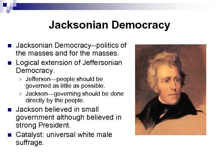 Jacksonian Democracy n n Jacksonian Democracy--politics of the masses and for the masses. Logical