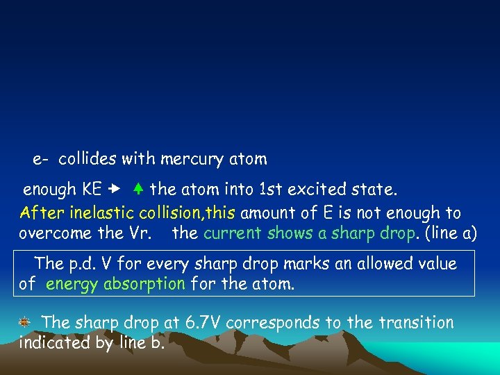 e- collides with mercury atom enough KE the atom into 1 st excited state.