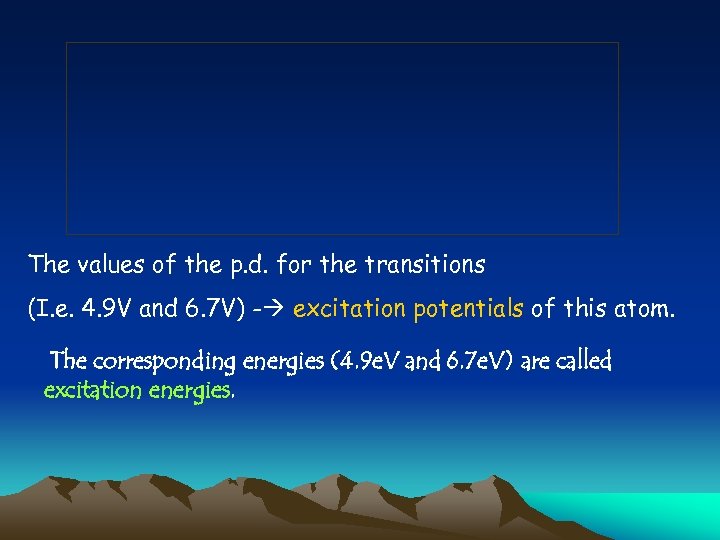 The values of the p. d. for the transitions (I. e. 4. 9 V