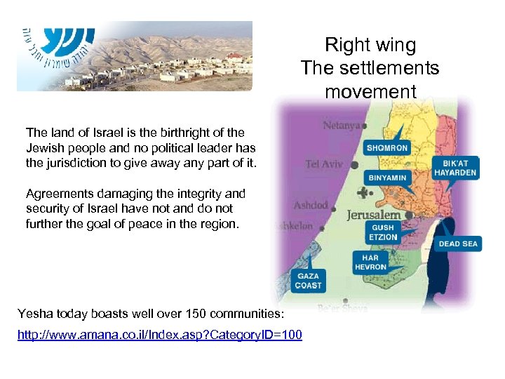 Right wing The settlements movement The land of Israel is the birthright of the