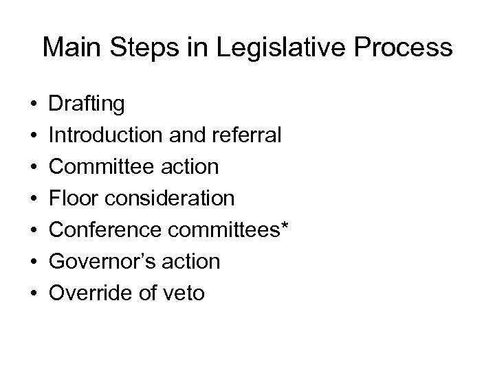 Main Steps in Legislative Process • • Drafting Introduction and referral Committee action Floor