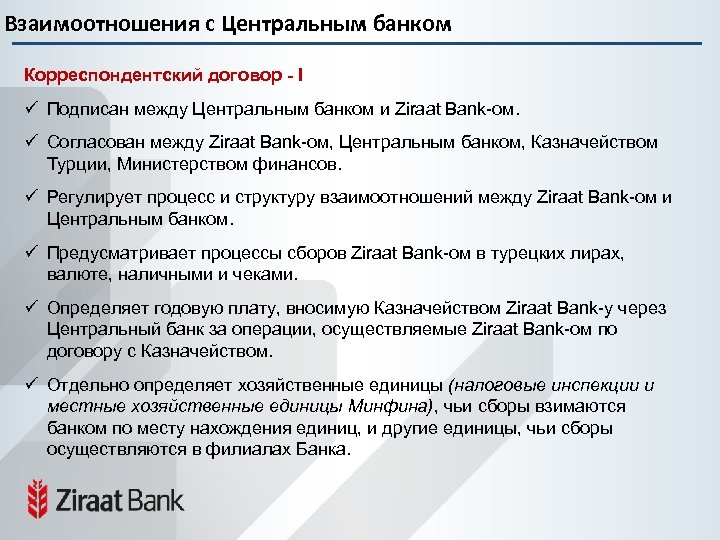 Взаимоотношения с Центральным банком Корреспондентский договор - I ü Подписан между Центральным банком и
