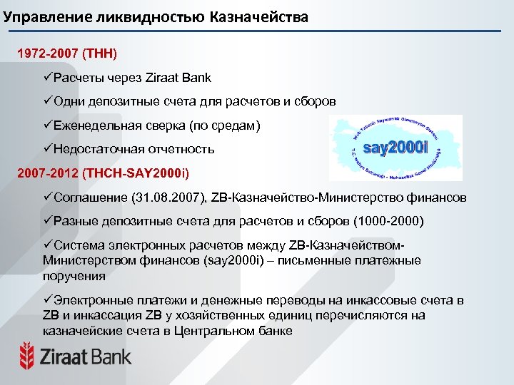 Управление ликвидностью Казначейства 1972 -2007 (THH) üРасчеты через Ziraat Bank üОдни депозитные счета для