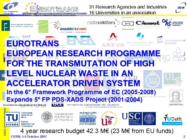 31 Research Agencies and Industries 16 Universities in an association EUROTRANS EUROPEAN RESEARCH PROGRAMME
