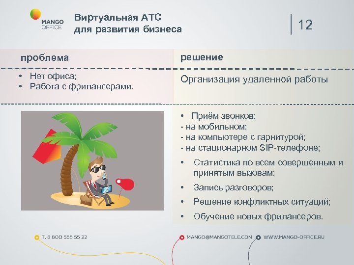 Виртуальная АТС для развития бизнеса 12 проблема решение • Нет офиса; • Работа с