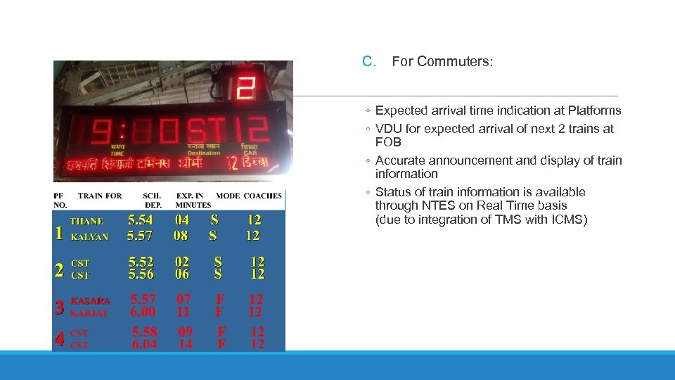C. For Commuters: ◦ Expected arrival time indication at Platforms ◦ VDU for expected
