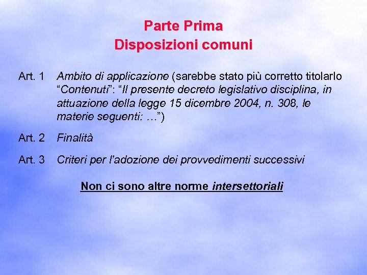 Parte Prima Disposizioni comuni Art. 1 Ambito di applicazione (sarebbe stato più corretto titolarlo