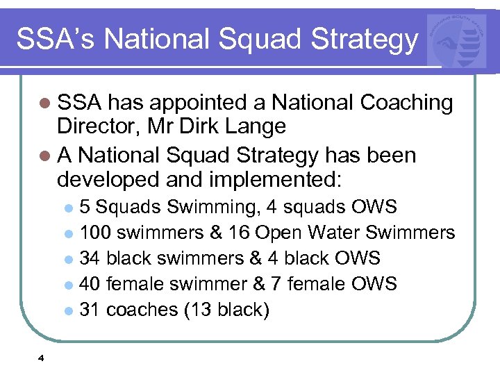 SSA’s National Squad Strategy l SSA has appointed a National Coaching Director, Mr Dirk