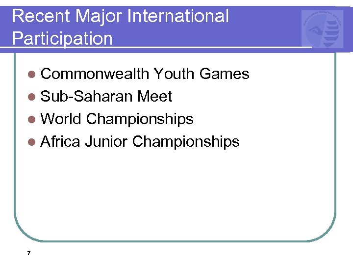 Recent Major International Participation l Commonwealth Youth Games l Sub-Saharan Meet l World Championships